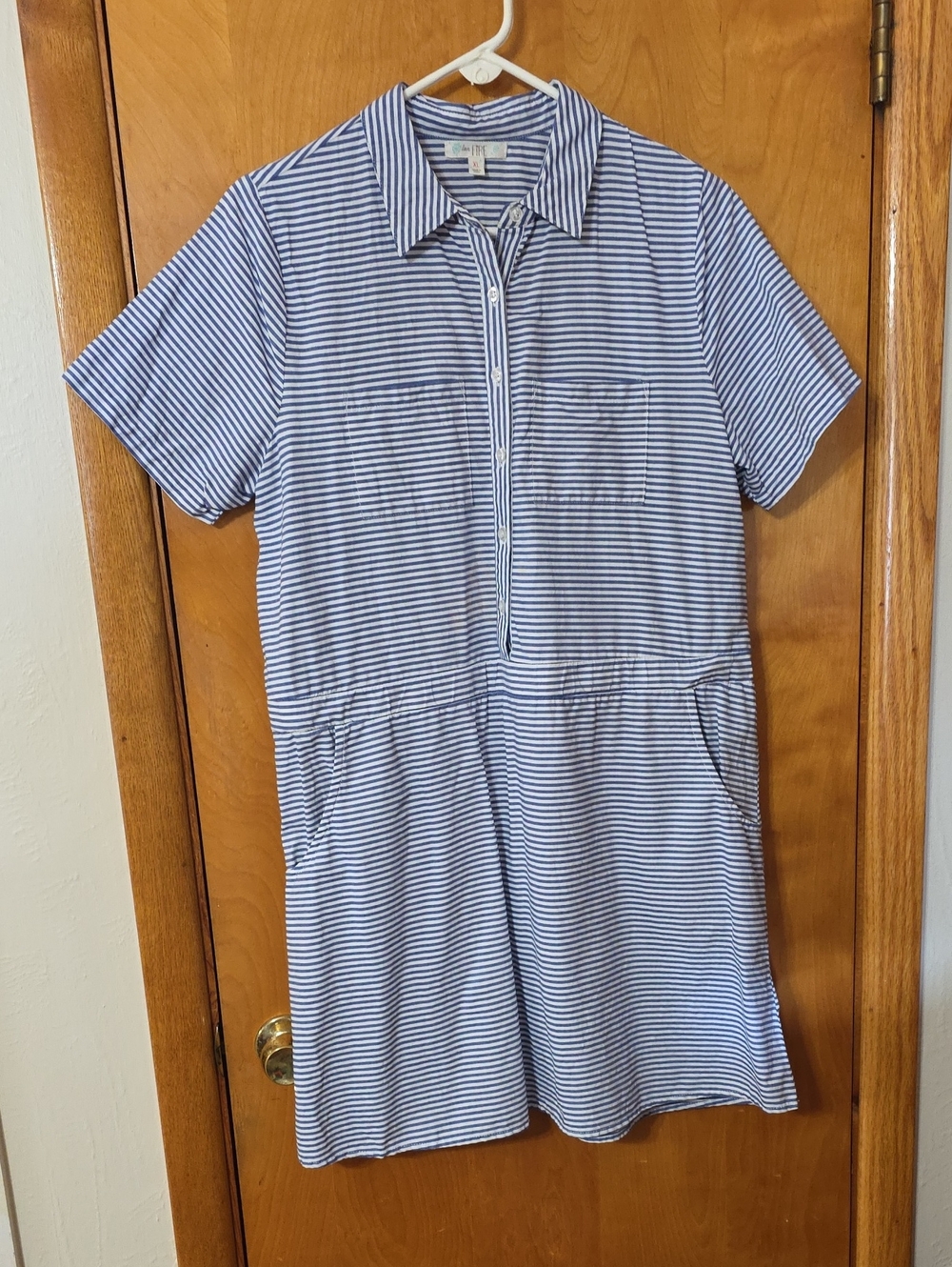 love, Fire Blue and White Striped Polo-Style Ladies Casual Dress.